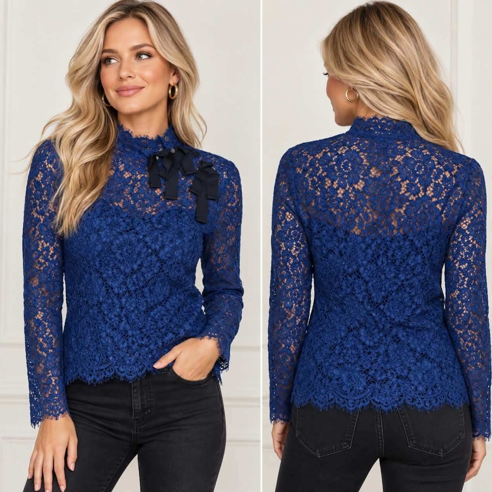 J.Crew Top Women 2 Blue Lace Mock Neck Bow Detail Long Sleeve Blouse E8344